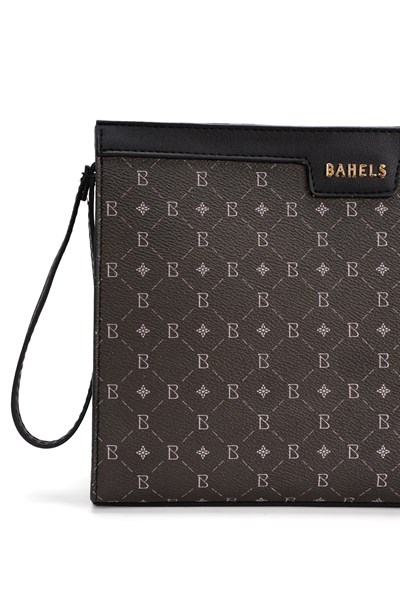 Kadın Siyah Bahels Monogram Portföy Kulplu Clutch Çanta