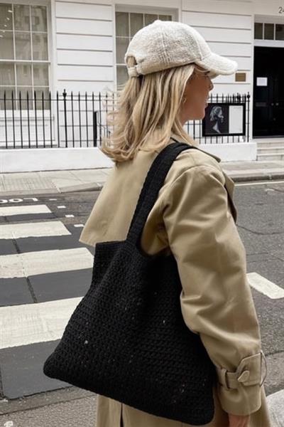 Kadın Siyah Crochet Edition Örgü Tote Omuz Çantası