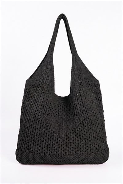 Kadın Siyah File Örgü Model Plaj, Shopper Tote Çanta, Omuz Çantası
