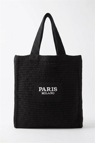 Kadın Siyah Milano Nakış File Örgü Model Plaj, Shopper Tote Çanta
