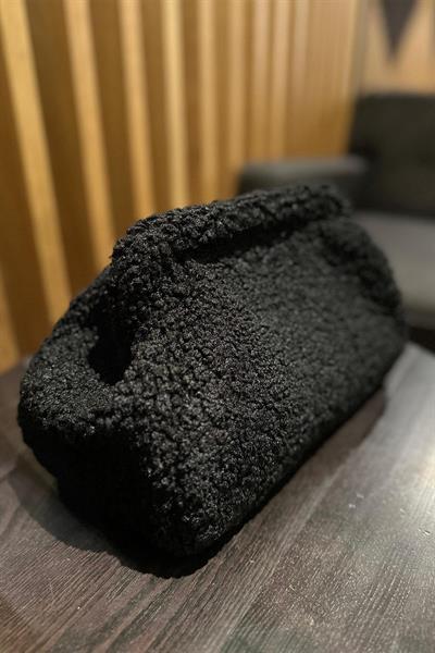 Kadın Siyah Peluş Teddy Clutch Portföy Çanta