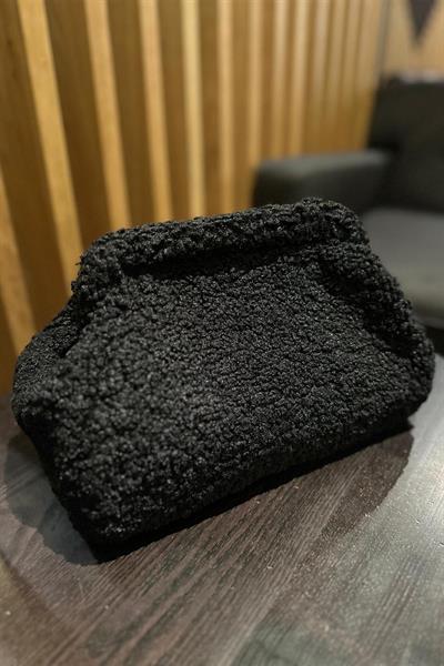 Kadın Siyah Peluş Teddy Clutch Portföy Çanta
