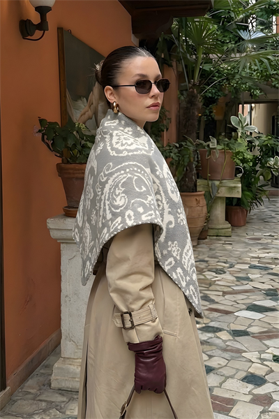 Kadın Üçgen Vintage Etnik Desen Çift Yönlü Şal Atkı