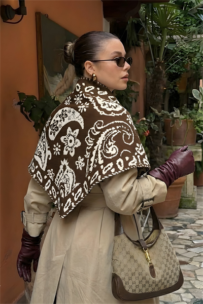 Kadın Üçgen Vintage Etnik Desen Çift Yönlü Şal Atkı