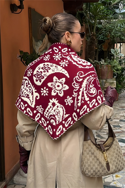 Kadın Üçgen Vintage Etnik Desen Çift Yönlü Şal Atkı