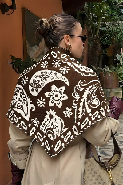 Kadın Üçgen Vintage Etnik Desen Çift Yönlü Şal Atkı