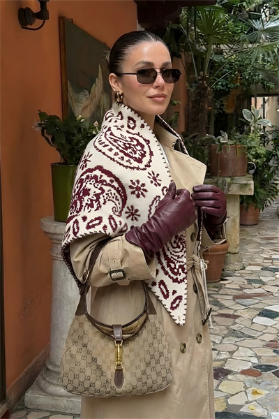 Kadın Üçgen Vintage Etnik Desen Çift Yönlü Şal Atkı