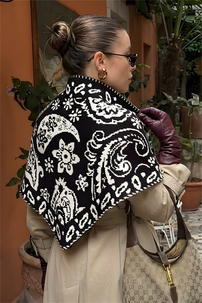 Kadın Üçgen Vintage Etnik Desen Çift Yönlü Şal Atkı