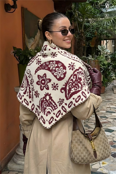 Kadın Üçgen Vintage Etnik Desen Çift Yönlü Şal Atkı