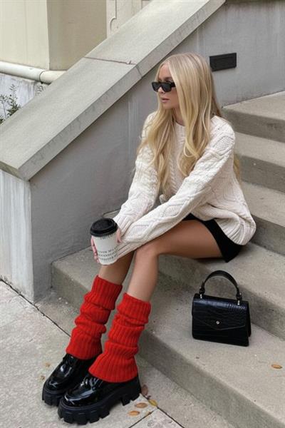 Kırmızı %100 Akrilik Üst Kalite Triko Örgü Çorap Tozluk