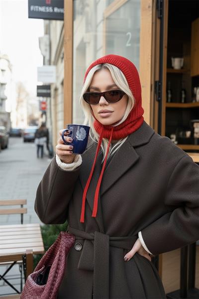 Kırmızı Triko Örgü Balaclava Bere Şapka