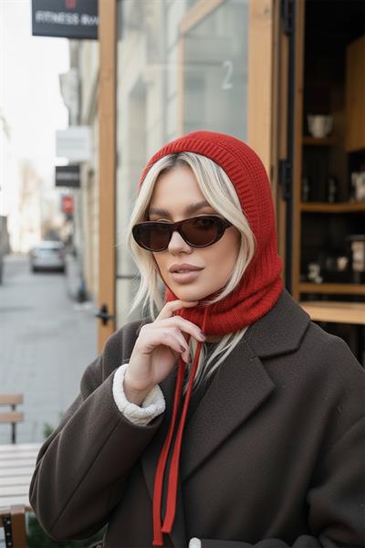Kırmızı Triko Örgü Balaclava Bere Şapka