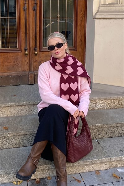 Lovely Bordo Özel Üretim Kalp Desenli Atkı