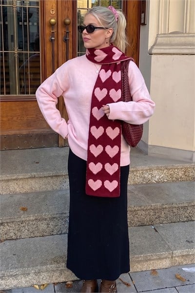 Lovely Bordo Özel Üretim Kalp Desenli Atkı