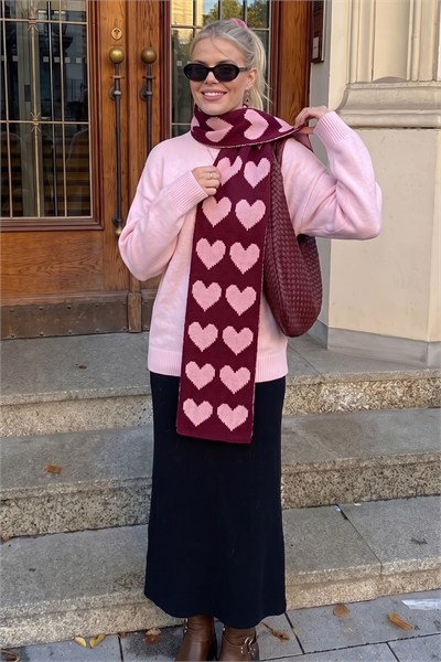 Lovely Bordo Özel Üretim Kalp Desenli Atkı