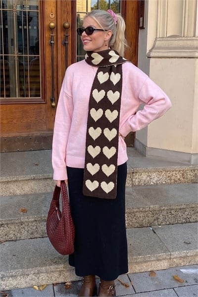 Lovely Kahve Özel Üretim Kalp Desenli Atkı