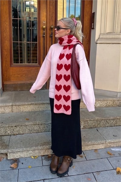 Lovely Pembe Özel Üretim Kalp Desenli Atkı