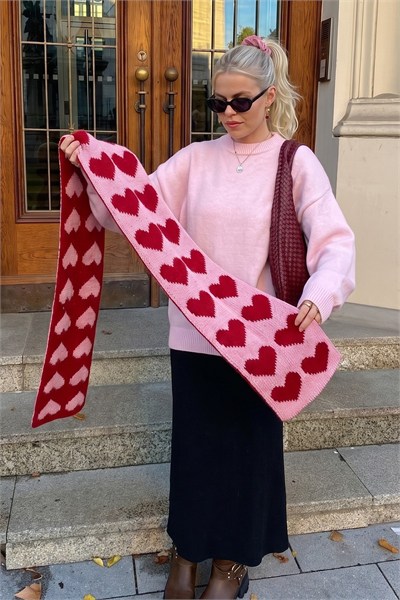 Lovely Pembe Özel Üretim Kalp Desenli Atkı