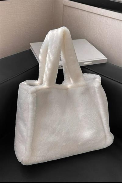 Peluş Beyaz Yumuşak Dokulu Tote Omuz Çantası