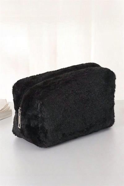 Peluş Siyah Orta Boy Makyaj Çantası