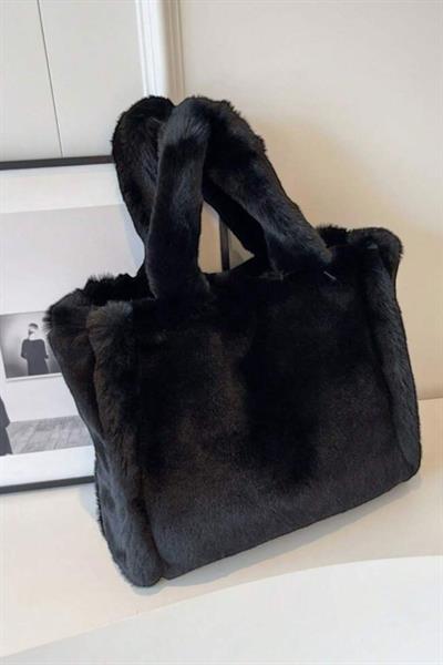 Peluş Siyah Yumuşak Dokulu Tote Omuz Çantası