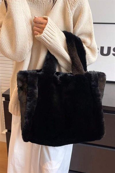 Peluş Siyah Yumuşak Dokulu Tote Omuz Çantası