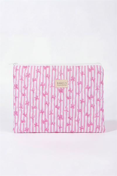 Pembe Fiyonk Çizgili XL Macbook ve Tablet Uyumlu Portföy Çanta