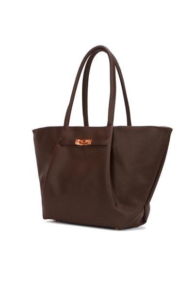 Kadın Acı Kahve Kilit Detaylı El ve Omuz Çantası