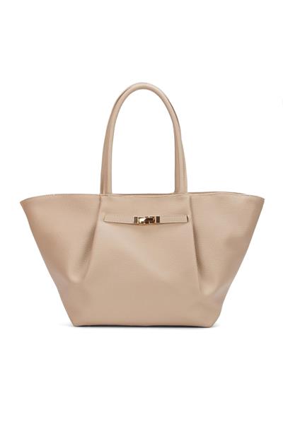 Kadın Bej Kilit Detaylı El ve Omuz Çantası