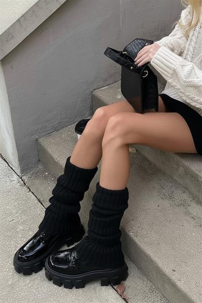 Siyah %100 Akrilik Üst Kalite Triko Örgü Çorap Tozluk