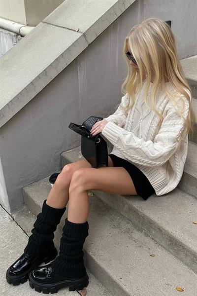 Siyah %100 Akrilik Üst Kalite Triko Örgü Çorap Tozluk