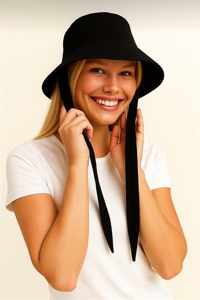 Siyah Bağlama Detaylı Bucket Şapka