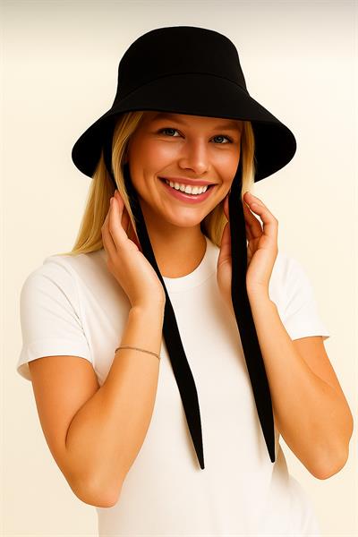 Siyah Bağlama Detaylı Bucket Şapka