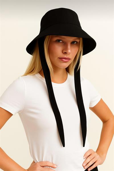 Siyah Bağlama Detaylı Bucket Şapka
