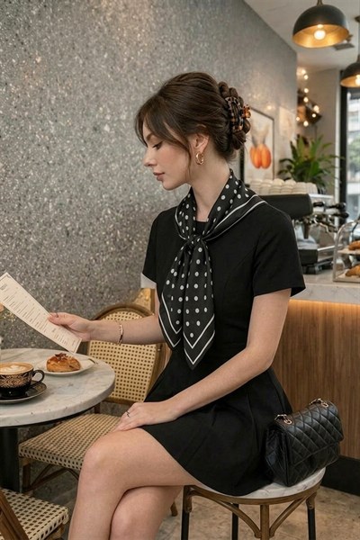 Siyah Puantiye Model Fular Bandana Şal 70x70 Cm