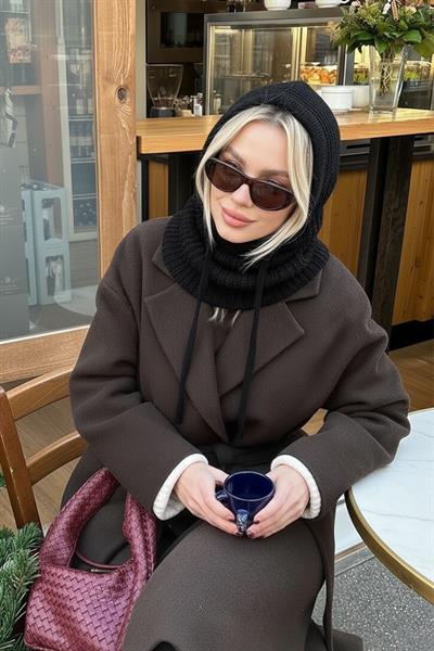 Siyah Triko Örgü Balaclava Bere Şapka