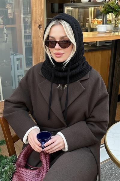 Siyah Triko Örgü Balaclava Bere Şapka