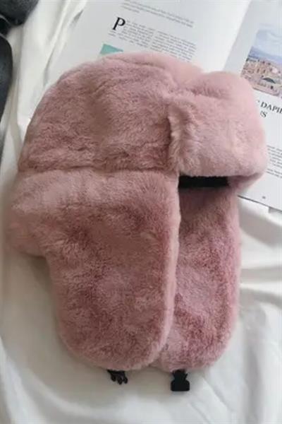 Soft Pembe Peluş Kulaklı Klipsli Bere Pilot Şapka