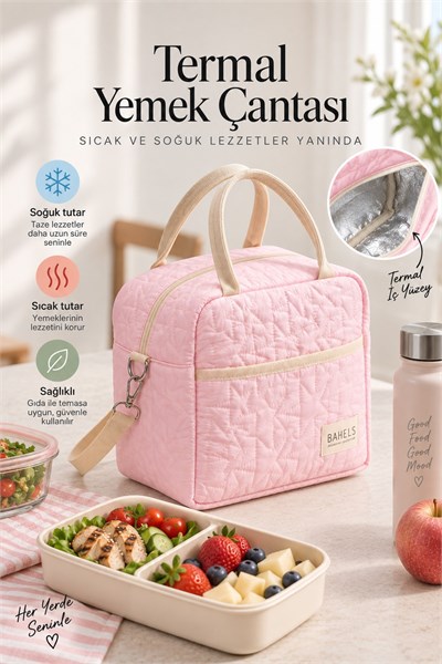 Star Puffy Pembe Termal Çanta Yemek Taşıma Beslenme Çantası Isı Yalıtımlı Askılı Çanta
