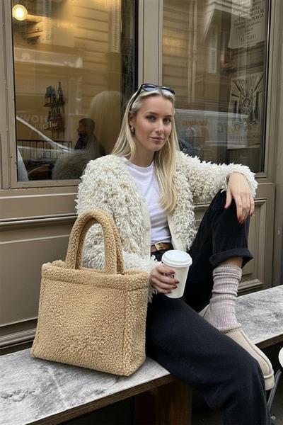 Teddy Peluş Camel Tote Bag Omuz Çantası