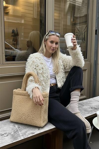 Teddy Peluş Camel Tote Bag Omuz Çantası