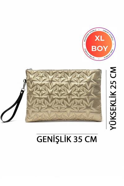 Yıldız Desenli Gold XL Macbook ve Tablet Uyumlu Portföy Çanta