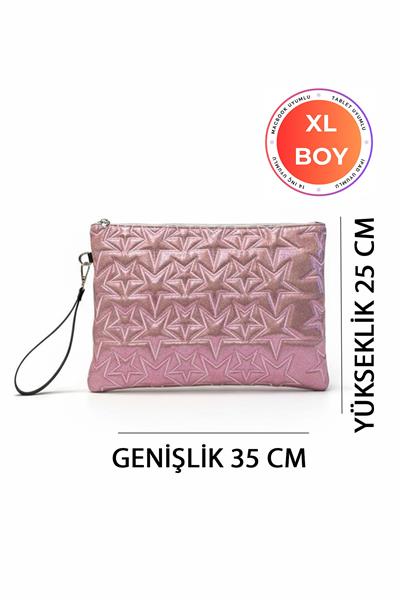 Yıldız Desenli Pink XL Macbook ve Tablet Uyumlu Portföy Çanta