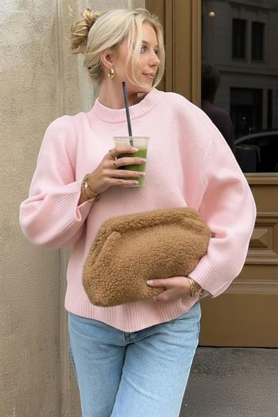 Kadın Camel Peluş Teddy Clutch Portföy Çanta