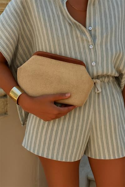 Kadın Kahve Renk Detaylı Jüt Hasır Portföy & Clutch Çanta