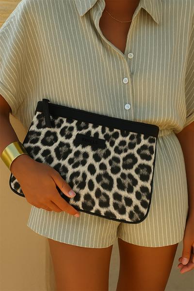 Siyah Leopar Özel Tasarım Kadın Portföy & Clutch Çanta