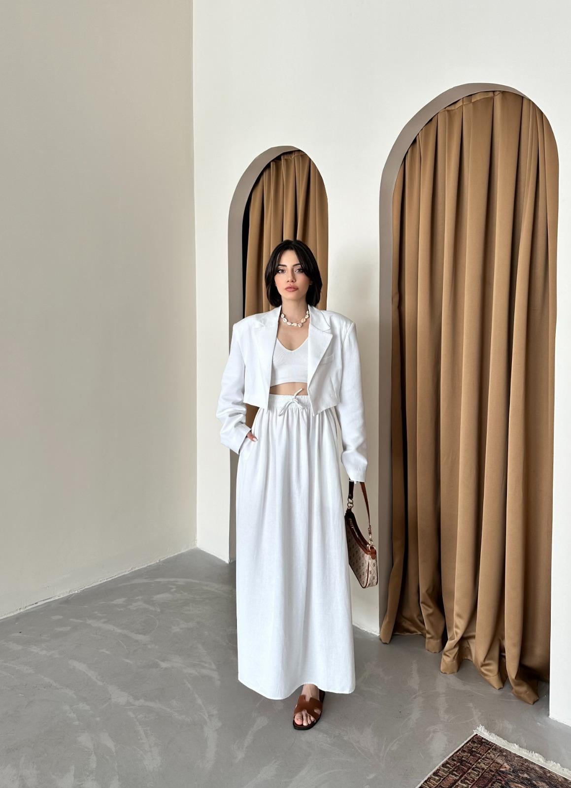 Dilek Aydın Atelier Beyaz Kalın Kumaş Kloş Keten Etek