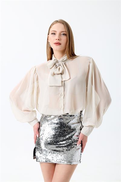 Pul İşlemeli Yırtmaç Detaylı Mini Gümüş Etek