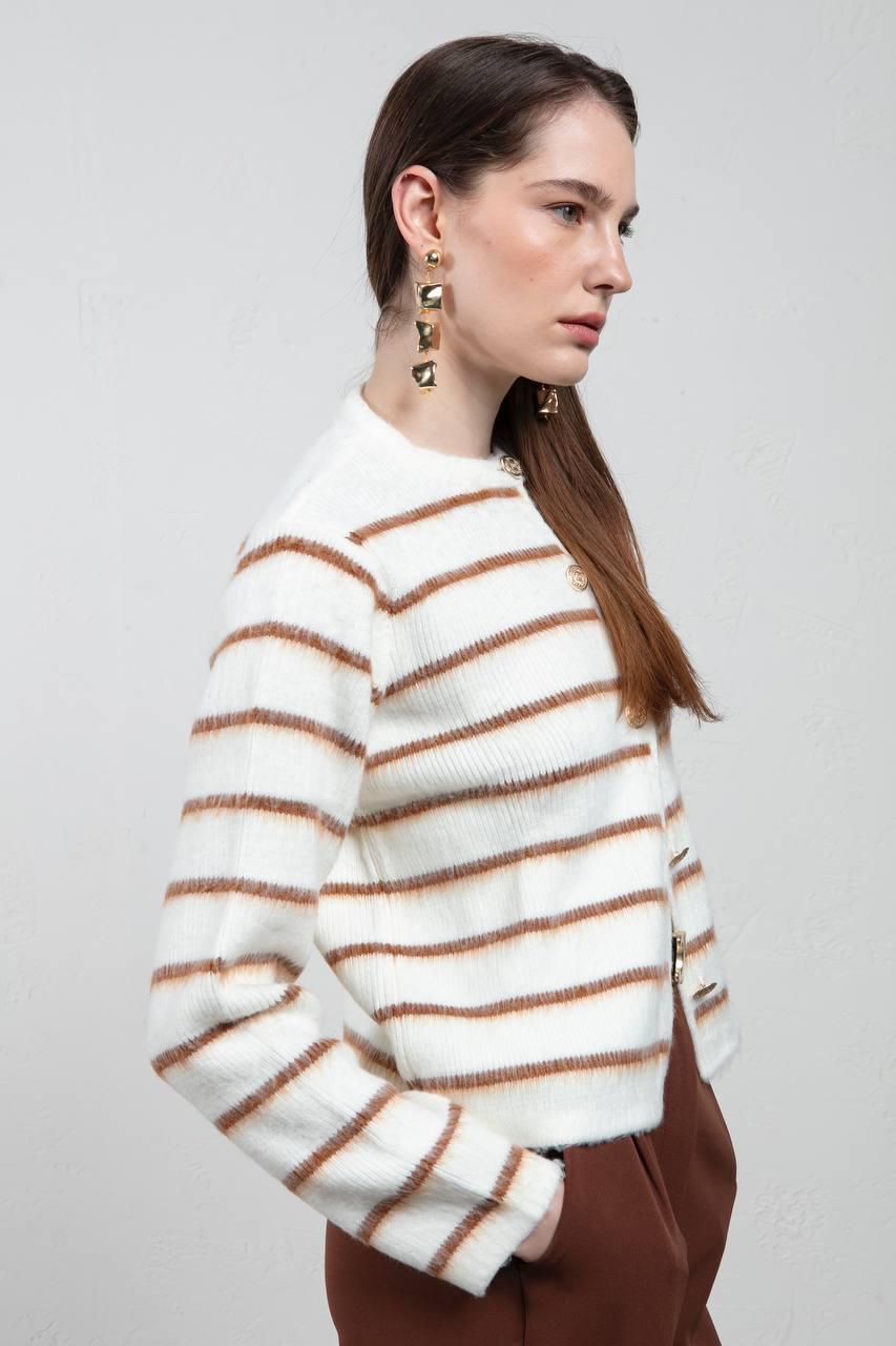 Çizgili Gold Detay Düğmeli Hırka