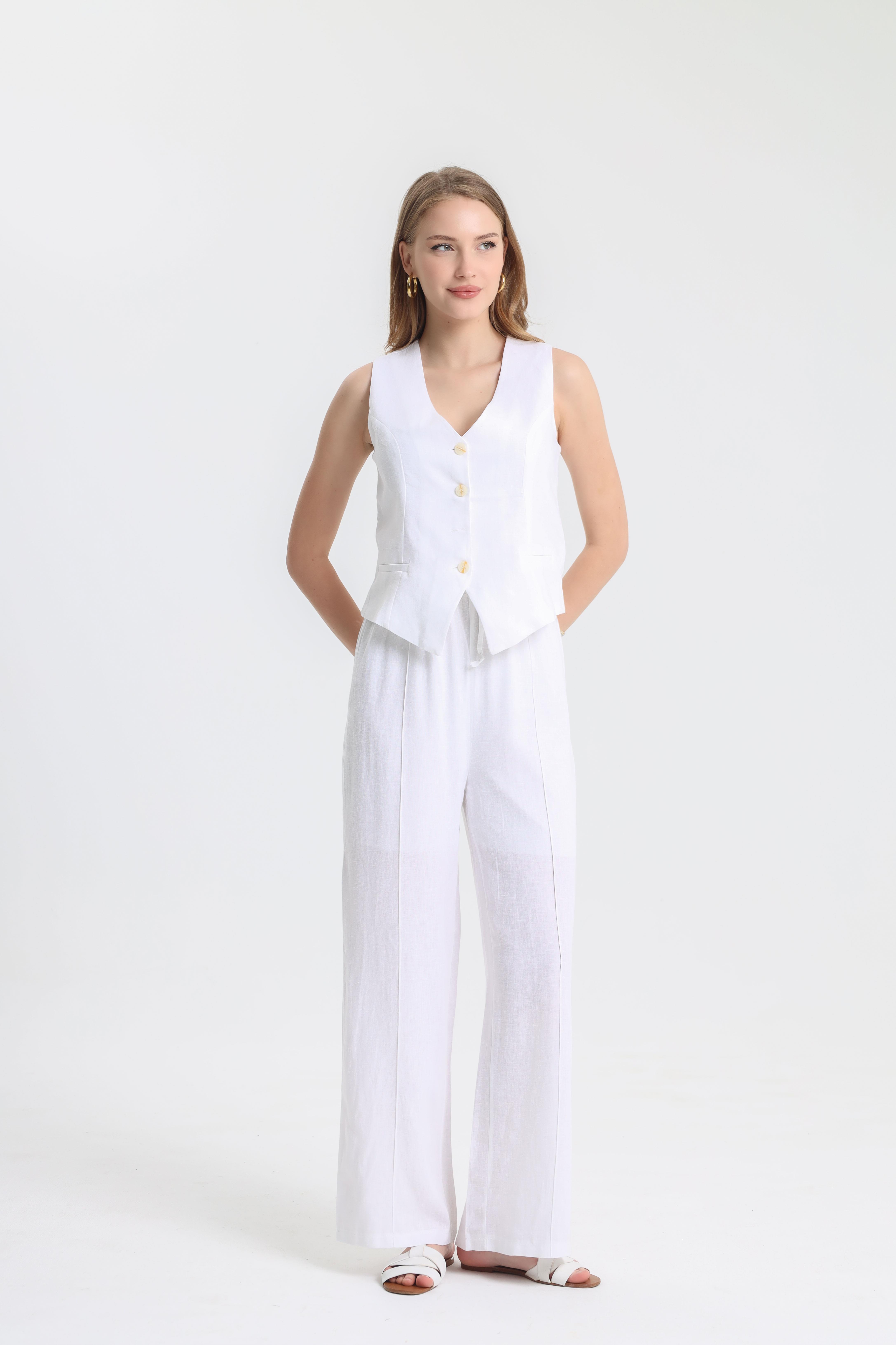 Dilek Aydın Atelier Ekru Casual %100 Keten Yelek- Belden Bağcıklı Pantolon Takım